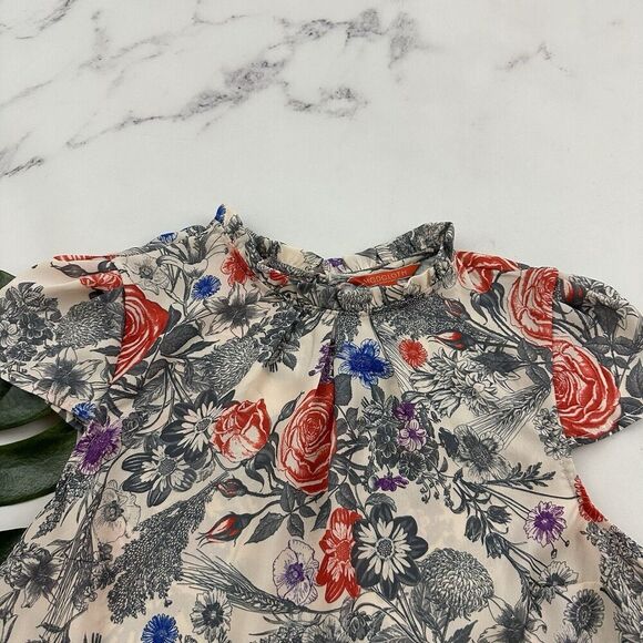 Modcloth Retro High Neck Blouse Top Size M Gray Red Floral Cap Sleeve Ruffle - Picture 2 of 10